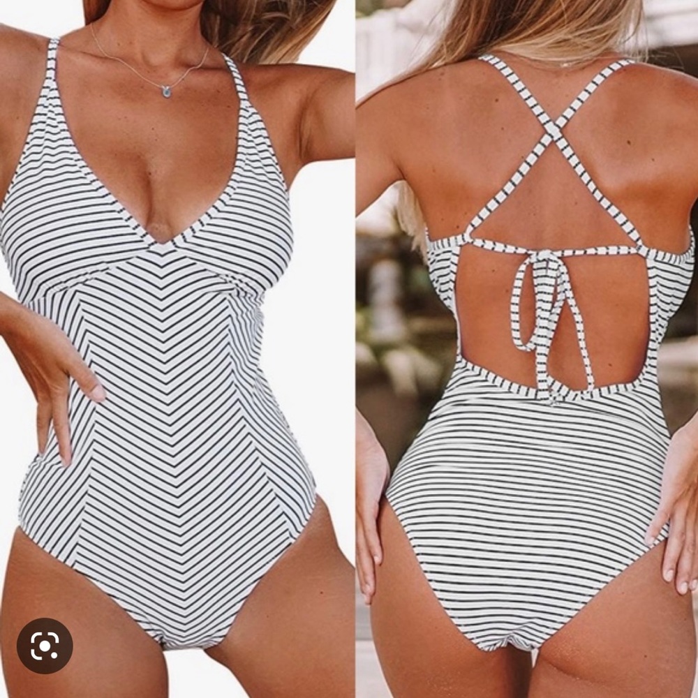 Cupshe white and black striped tie strap bathing suit, size large